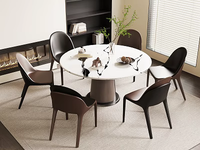 Round Marble Dining Table With Six Modern Chairs In Living Room Featuring Bookshelf And Fireplace 3d model