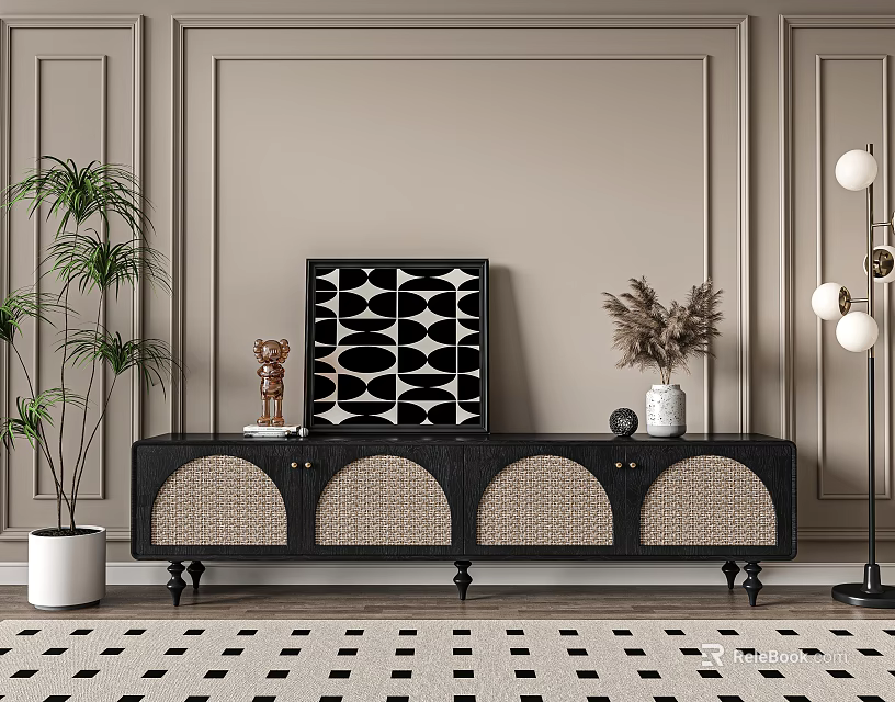 Modern Black TV Stand With Rattan Paneled Doors Decorative Artwork Green Plant Floor Lamp 3d model 