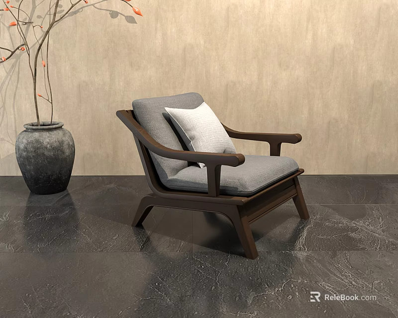 Gray Upholstered Single Seater Sofa with Wooden Armrests and Stone Vase on Dark Stone Floor 3d model 