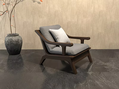 Gray Upholstered Single Seater Sofa with Wooden Armrests and Stone Vase on Dark Stone Floor 3d model