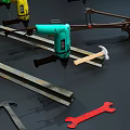 Industrial Equipment Showcasing Green Yellow Red Blue Drills Wrenches Hammers And Metal Rods