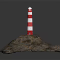 Red and white striped lighthouse tower on rocky coastal terrain with windows and white lantern
