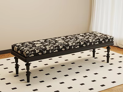 Stylish Black Wooden Bench With White Floral Fabric Seat On Checkered Rug 3d model