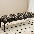 Stylish Black Wooden Bench With White Floral Fabric Seat On Checkered Rug