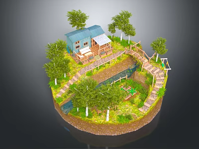 Scenic Wooden Cabin Surrounded by Trees with Pathways Stream and Patio 3d model