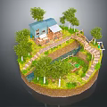 Scenic Wooden Cabin Surrounded by Trees with Pathways Stream and Patio