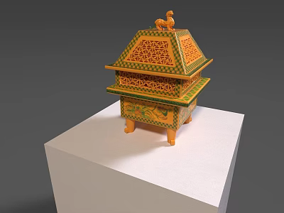 Museum Multi tiered Ornamental Craft Exhibit With Yellow Green Red And Animal Top On White Stand 3d model