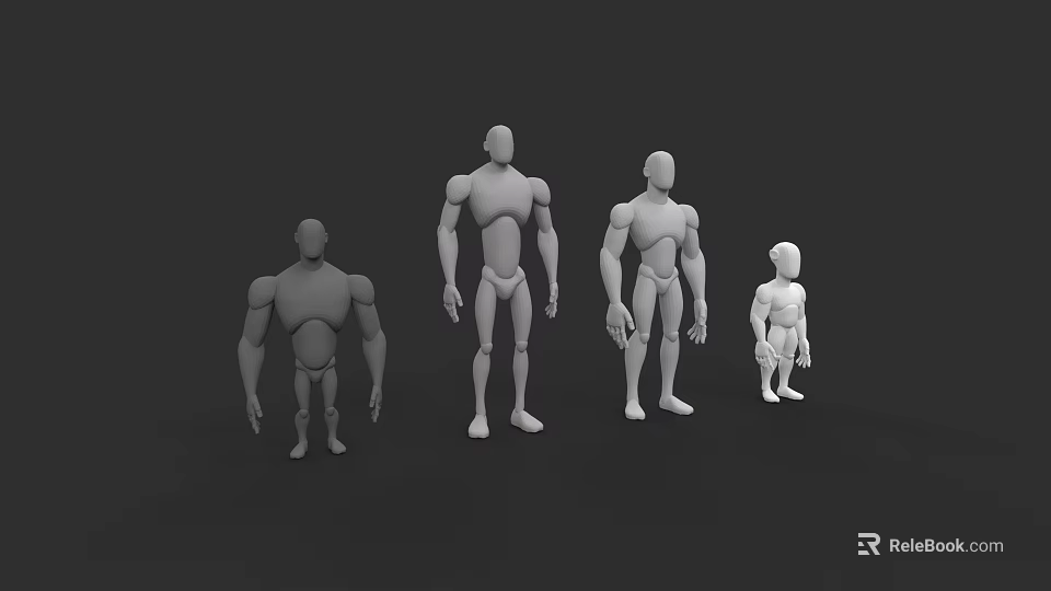 White 3D Male Human Figure Models in Various Sizes on Dark Background 3d model 