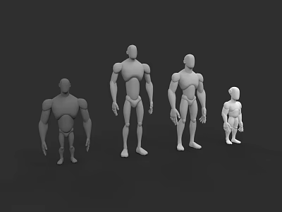 White 3D Male Human Figure Models in Various Sizes on Dark Background 3d model