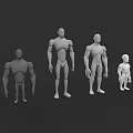 White 3D Male Human Figure Models in Various Sizes on Dark Background