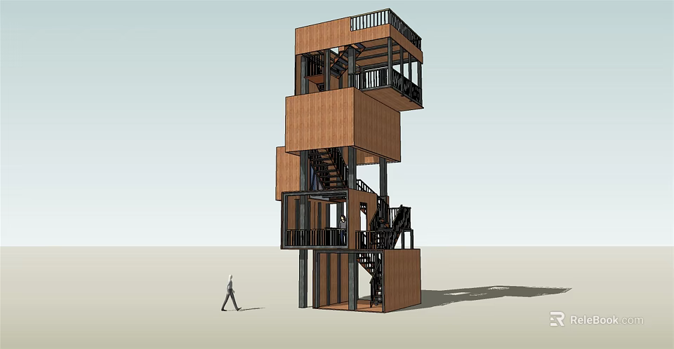 Wooden Stacked Cubes Tower With Black Stairs And Balconies Modern Design Structure 3d model 