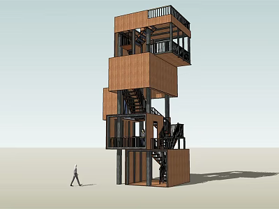 Wooden Stacked Cubes Tower With Black Stairs And Balconies Modern Design Structure 3d model