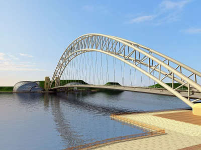 Modern White Arch Bridge With Metal Frame Spanning Water And Blue Sky Reflection 3d model