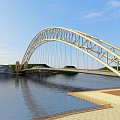 Modern White Arch Bridge With Metal Frame Spanning Water And Blue Sky Reflection