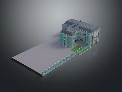 Classical Building Exterior With Cyan Facade Gray Roof Front Plaza And Lawn 3d model