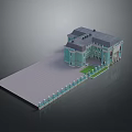 Classical Building Exterior With Cyan Facade Gray Roof Front Plaza And Lawn