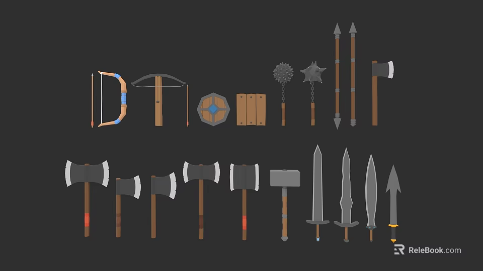 Various Medieval Weapon Collection With Bow Axe Sword Hammer Mace Spear And Shield 3d model