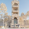 Elegant White Detached Villa With Tower Structure Ornate Decorations And Arched Doorway Surrounded by Trees