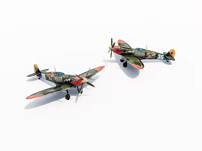 Detailed Green Red Fighter Airplane Models With Propellers On White Background 3d model