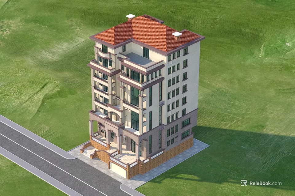 Modern Detached Villa With Red Roof Multi Story Balconies Green Lawn And Road 3d model 