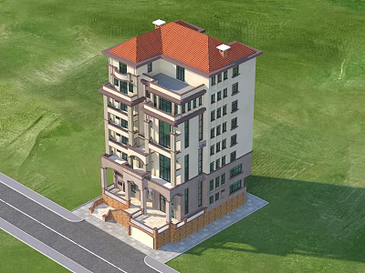 Modern Detached Villa With Red Roof Multi Story Balconies Green Lawn And Road 3d model