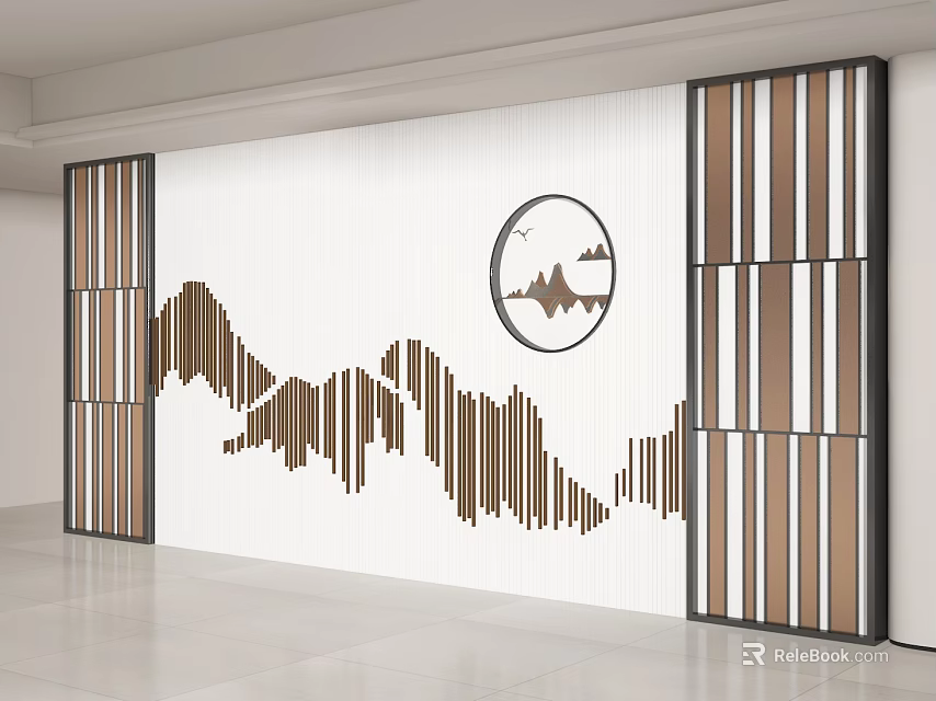 Modern Background Wall With White Surface Wooden Mountain Pattern And Circular Ornament 3d model 
