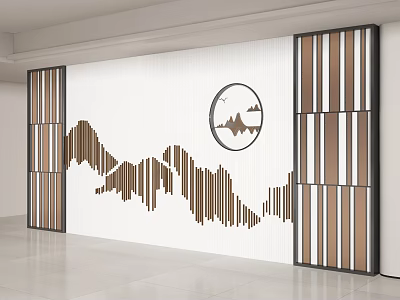 Modern Background Wall With White Surface Wooden Mountain Pattern And Circular Ornament 3d model