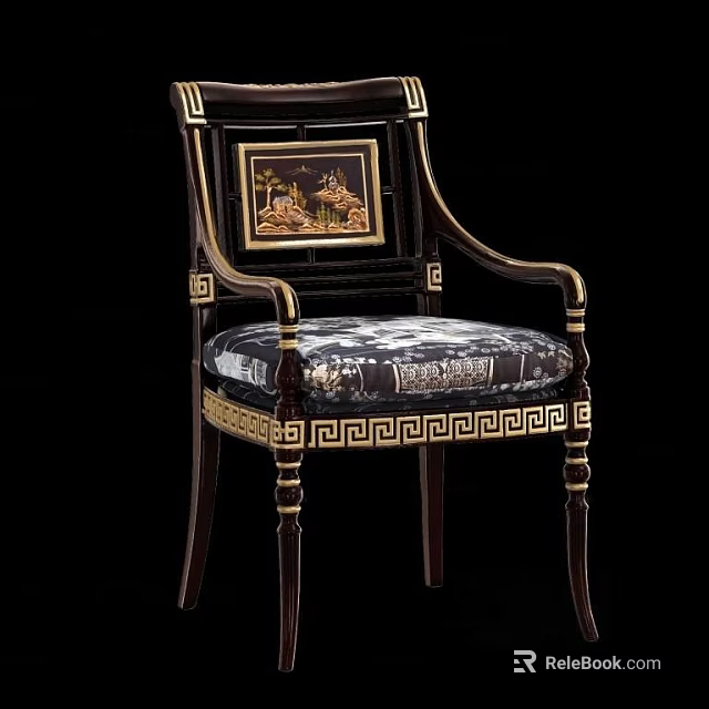 Classical Style Armchair With Decorative Backrest Painting Gold Accents And Patterned Fabric Seat 3d model 