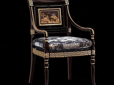 Classical Style Armchair With Decorative Backrest Painting Gold Accents And Patterned Fabric Seat 3d model