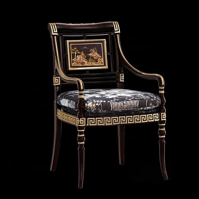 Classical Style Armchair With Decorative Backrest Painting Gold Accents And Patterned Fabric Seat 3d model