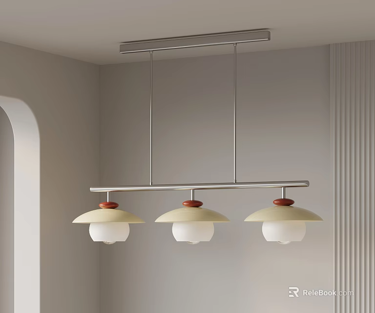 Three Light Modern Chandelier With Cream Shades Red Bases And Metal Frame In Light Colored Interior 3d model 