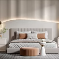 Modern Bedroom Interior With Striped Wall Arched Lighting Bedside Lamps Pillows Round Ottoman And Rug