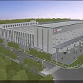Modern Industrial Warehouse Building With Green Surroundings Large Glass Windows And Tree Lined Road