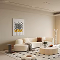 Modern Living Room Interior With Beige Sofa Round Coffee Table And Black White Geometric Rug