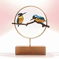 Decorative Ornament Set With Blue Yellow Birds Perching On Branch In Gold Ring And Wooden Base