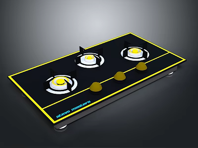 Modern Gas Stove With Four Burners Yellow Knobs And Black Panel Surface 3d model