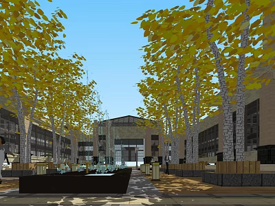 Scenic Commercial Street With Yellow Trees Buildings Blue Sky And Outdoor Seating 3d model