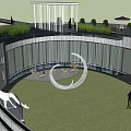 Modern Garden Landscape With Circular Building Surrounding Trees Pathways And Green Lawn