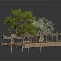 Outdoor Camping Scene With Canvas Tents Trees Wooden Tables And Stones