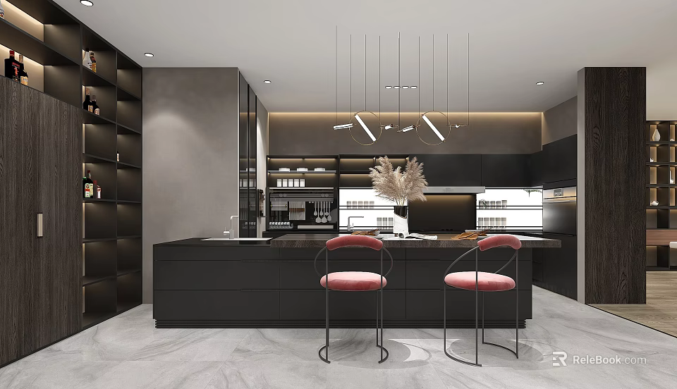 Modern Kitchen Interior Design Featuring Black Bar Red Bar Stools And Pendant Lights 3d model