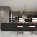 Modern Kitchen Interior Design Featuring Black Bar Red Bar Stools And Pendant Lights 3d model