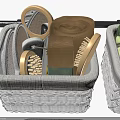 Practical Bathroom Accessories Organized in Wicker Basket with Brushes Soap and Towels