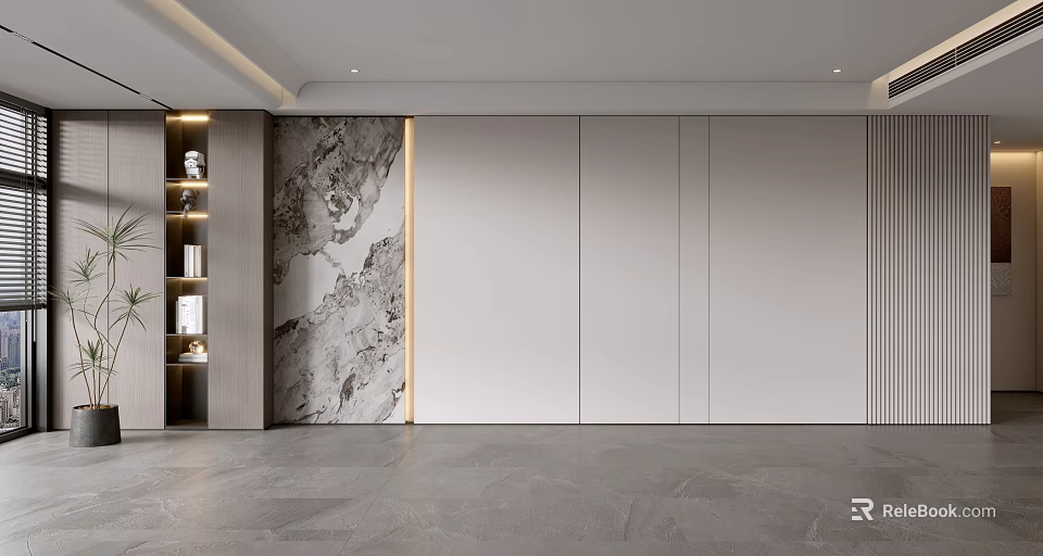 Light Luxury Sofa Background Wall Design With Marble Accent And Storage Cabinets 3d model