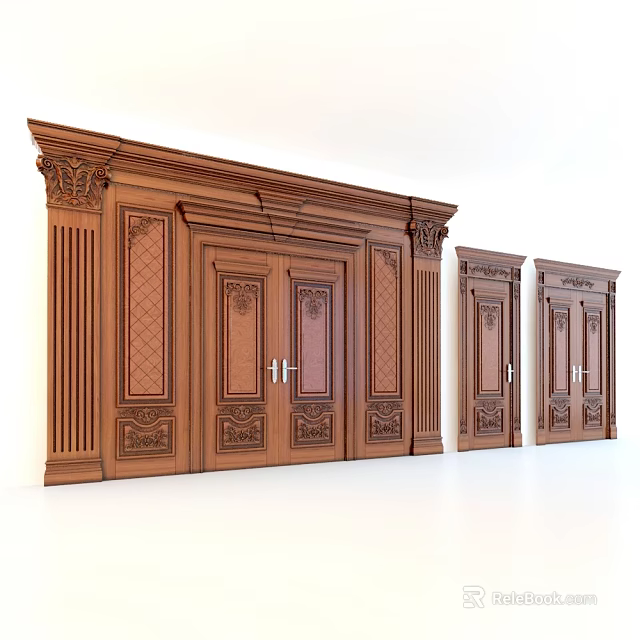 Classical Wooden Double Doors With Ornate Carvings In Various Sizes 3d model 