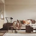 Modern Living Room Interior With Beige Sofa Wooden Coffee Table Bookshelf And Green Plant