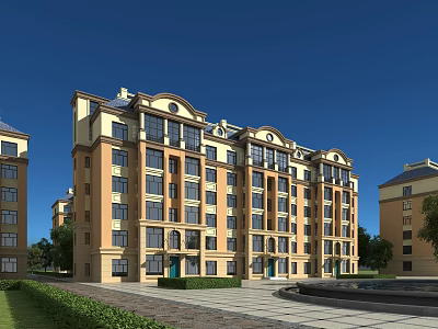 Modern Residential Building With Yellow Beige Exterior Multiple Floors And Greenery Plaza 3d model
