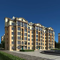 Modern Residential Building With Yellow Beige Exterior Multiple Floors And Greenery Plaza