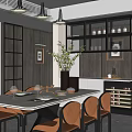 Elegant Restaurant Dining Area With Marble Table Chairs Vase Flowers And Dark Cabinets