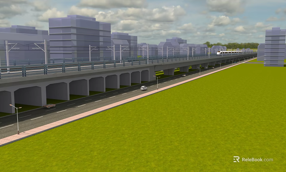 Elevated Road Infrastructure With Street Lamps Vehicles Green Grassland And High Rise Buildings 3d model 