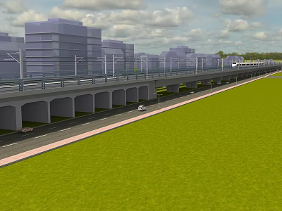 Elevated Road Infrastructure With Street Lamps Vehicles Green Grassland And High Rise Buildings 3d model